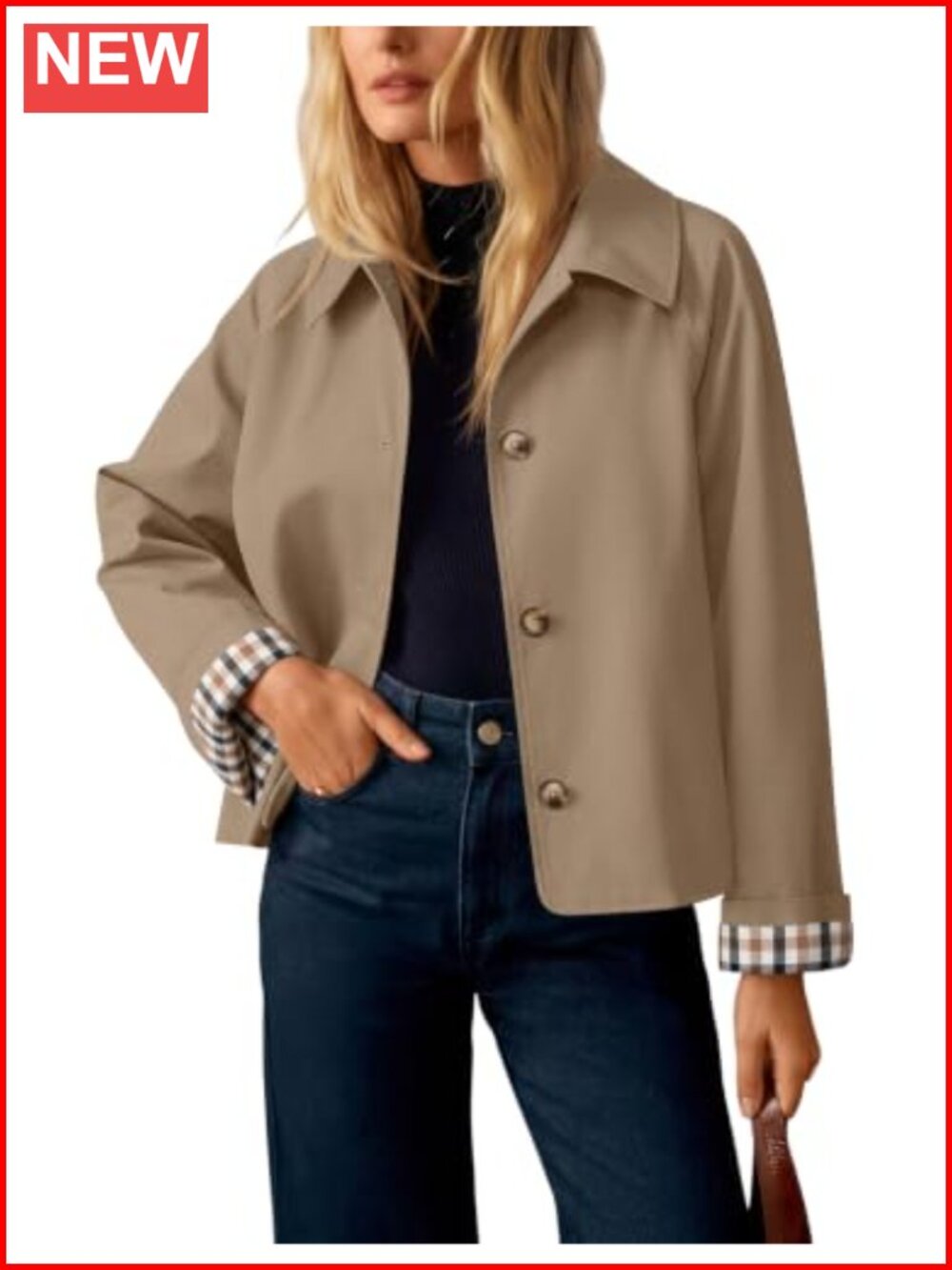 Cropped Trench Coat Plaid Button Front Fall Jacket